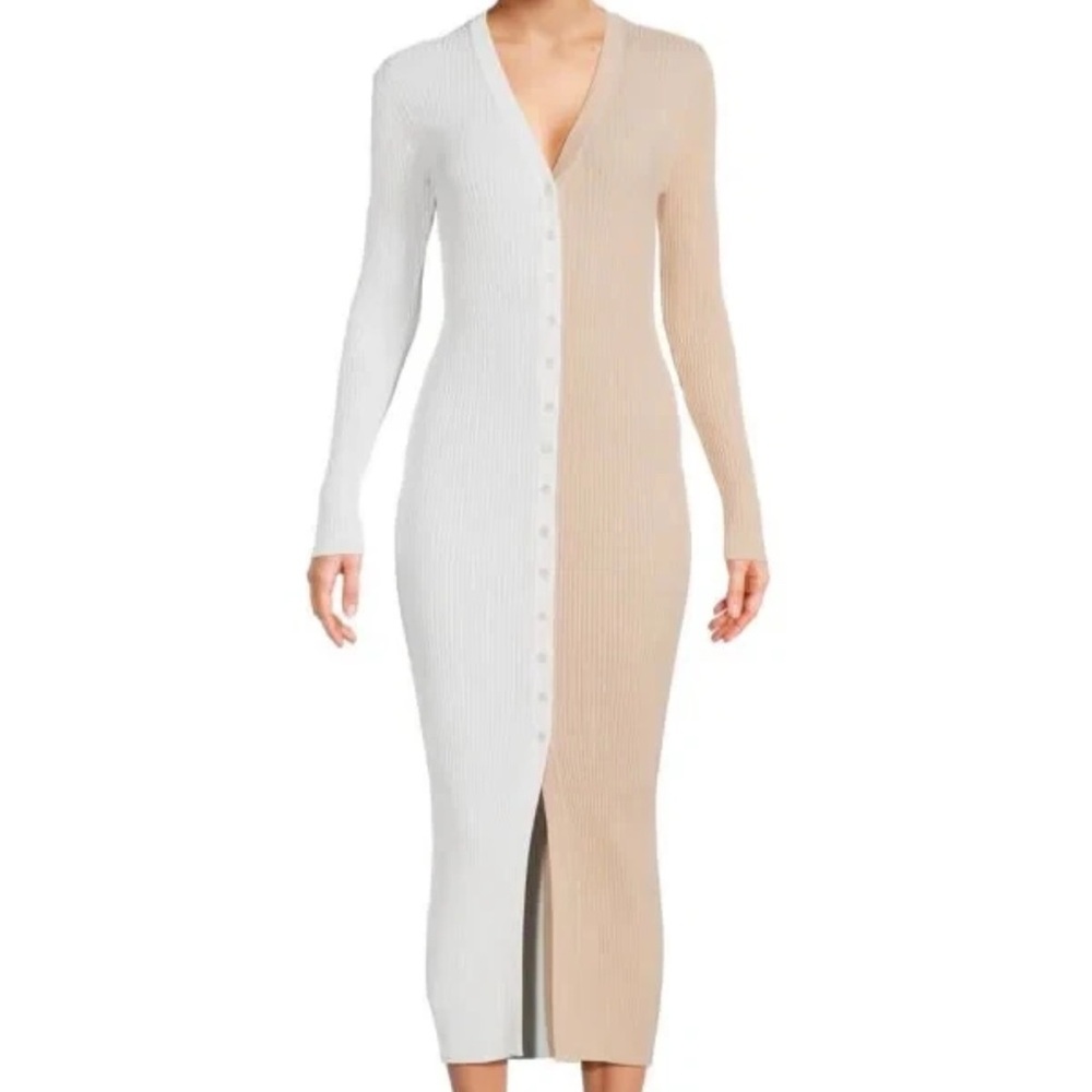 STAUD Two-Tone White and Beige Ribbed Midi Dress